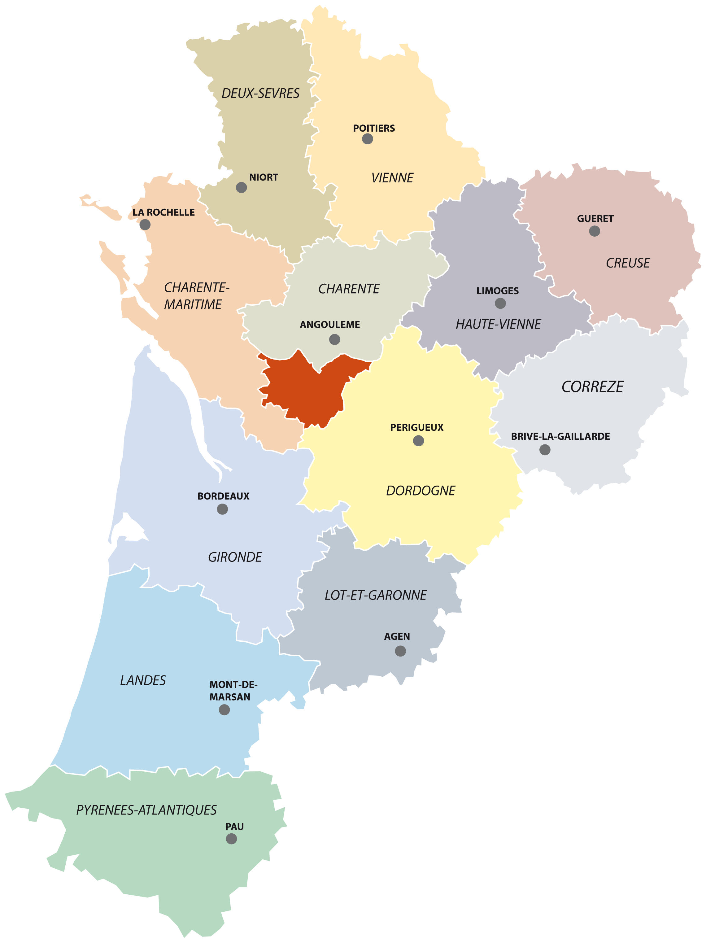 Situation du Pays Sud Charente en région Nouvelle-Aquitaine
